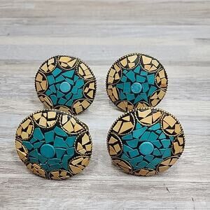 Vintage Set of 4 Multicolor Mosaic Brass Napkin Rings Holders